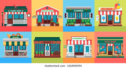 Local shops facades. Grocery shop doors, old boutique store building front and retail stores facade. Supermarket, bistro or pharmacy building, fruit market, pizza or coffee cafe flat vector set