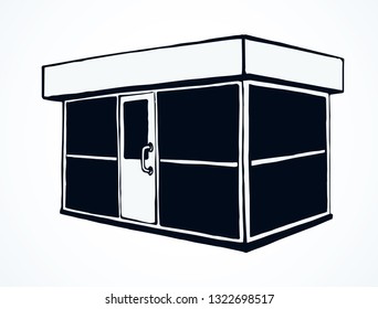Local show booth box stand exterior on white space for text. Black line hand draw empty town glass rack cabin symbol. Small urban street bank salon center hut in art modern doodle book cartoon style