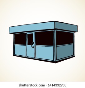 Local show booth box stand exterior on white space for text. Black line hand draw empty town glass rack cabin symbol. Small urban street ice cream snack eat hut logo in art modern doodle cartoon style