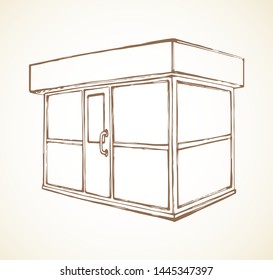 Local show booth box stand exterior on white space for text. Black line hand draw empty town glass rack cabin symbol. Small urban street ice cream snack eat hut in art modern doodle cartoon style