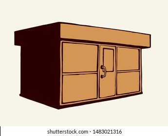 Local show booth box stand exterior on white space for text. Black line hand draw empty town glass rack cabin logo symbol. Small urban street ice cream snack eat hut in art modern doodle cartoon style