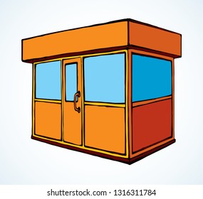 Local show booth press box stand exterior on white space for text. Bright orange hand draw empty town glass rack cabin symbol. Small yellow urban street icecream eat hut in art modern cartoon style