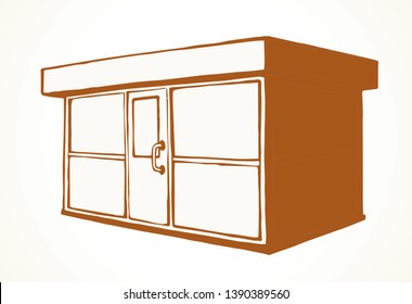 Local show booth press box stand exterior on white space for text. Red line hand draw empty town glass rack cabin symbol. Small urban street icecream eat hut logo in art modern doodle cartoon style