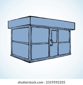 Local show booth press box stand exterior on white space for text. Line black hand draw empty town glass rack cabin symbol. Small urban street icecream eat hut in art modern doodle cartoon style