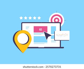 Local social media marketing - hyperlocal advertising tactics, location pin, targeted ads, analytics and laptop. Perfect for promoting local business strategies visually. Isolated Vector illustration