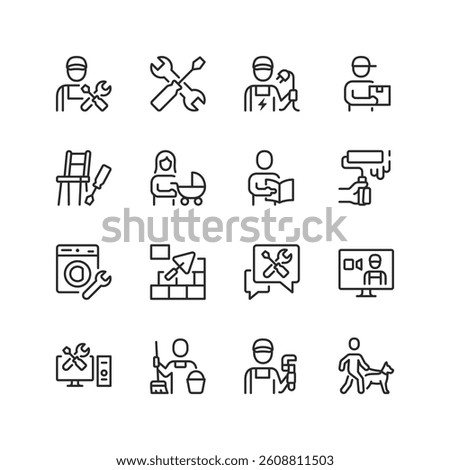 Local Specialists and Craftsmen, linear style icon set. Services and professions for home. Handyman, electrician, plumber, cleaner, tutor, babysitter, painter, tiler, pet walker.Editable stroke width
