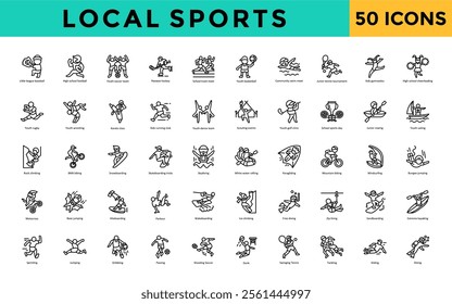 Local sports icon set with little league baseball, high school football, youth soccer team, peewee hockey, school track meet, youth basketball, community swim meet icon. Simple line vector 
