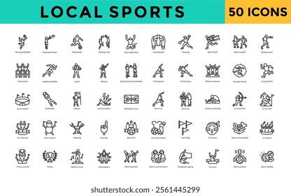 Local sports icon set with serving volleyball, basketball shoot, kicking ball, blocking ball, goal celebration, catching ball, throwing, sprint finish, relay handoff icon. Simple line vector 