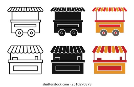 Conjunto de iconos de pérdida local. Símbolo de Vector de línea de stand de comida de mercado callejero. Letrero de una línea del mercado con una tienda local simple o tienda en estilo negro lleno y delineado