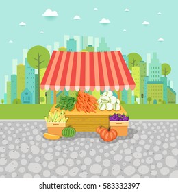 Local stall market on city background. Farmer's stand with fresh vegetables: cucumber, carrot, cabbage, corn, pumpkin, zucchini, eggplant, watermelon. Vector flat realistic illustration