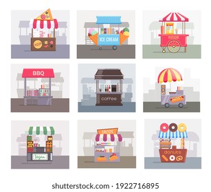 Local stall market selling different food and drink set. Retail fair tent stand, booth cart counter storefront offering ice cream, barbecue grill vector illustration isolated on white background