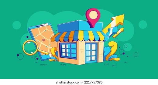 Local store, business seo optimization contemporary concept with shop building, tablet with map, location pin, arrows and magnifier. Market strategy campaign, Cartoon linear vector illustration