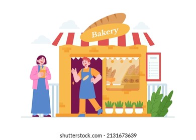 Local Store Concept Vector Illustration Idea For Landing Page Template, Small Business With Bakery Storefront, Open Place With Happy Customer, Shop Front View, Retail Owner, Hand Drawn Flat Style