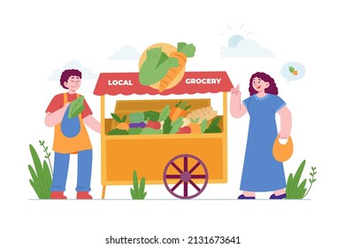 Local Store Concept Vector Illustration Idea For Landing Page Template, Small Business With Groceries Storefront, Open Place With Happy Customer, Shop Front View, Retail Owner, Hand Drawn Flat Style