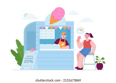 Local Store Concept Vector Illustration Idea For Landing Page Template, Small Business With Ice Cream Storefront, Open Place With Happy Customer, Shop Front View, Retail Owner, Hand Drawn Flat Style