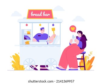 Local Store Concept Vector Illustration Idea For Landing Page Template, Small Business With Bread Storefront, Open Place With Happy Customer, Shop Front View, Retail Owner, Hand Drawn Flat Style