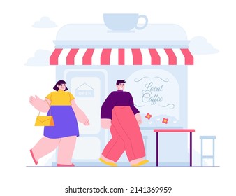 Local Store Concept Vector Illustration Idea For Landing Page Template, Small Business With Coffee Storefront, Open Place With Happy Customer, Shop Front View, Retail Owner, Hand Drawn Flat Style