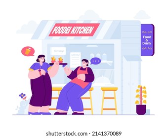 Local Store Concept Vector Illustration Idea For Landing Page Template, Small Business With Food Storefront, Open Place With Happy Customer, Shop Front View, Retail Owner, Hand Drawn Flat Style