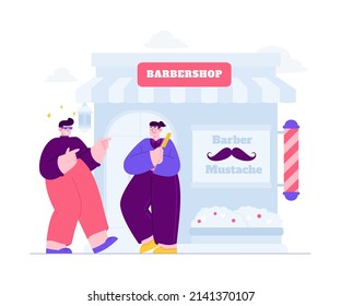 Local Store Concept Vector Illustration Idea For Landing Page Template, Small Business With Barbershop Storefront, Open Place With Happy Customer, Shop Front View, Retail Owner, Hand Drawn Flat Style