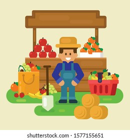 Local store, fresh fruit with merchant vector illustration