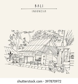 A local store and a scooter in Kedonganan, Jimbaran beach, Bali, Indonesia, Asia. Beach view. Hand drawing. Travel sketch. Book illustration, postcard or poster template in vector
