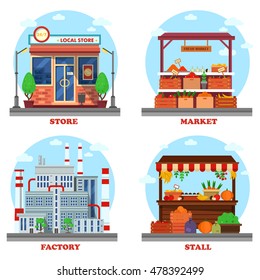 Local store or shop, market and stall with goods or counter for groceries, factory or plant with chimney and pipes. Outdoor exteriors of business buildings and trading constructions.