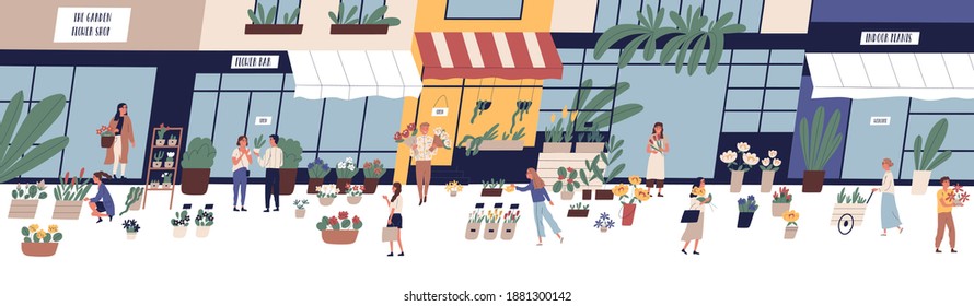 Local street flower market vector flat illustration. Happy man and woman buying or selling floristic bouquets, potted plants and houseplants. Outdoor floral fair with shops, stores, stalls and kiosks