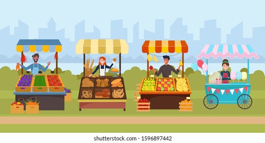 Local Street Food Market Flat Vector Illustration