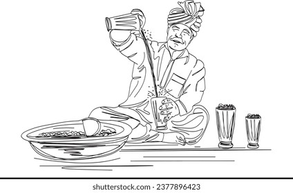 Local Street Fusion: Indian Milkman Serving Saffron Kesar Lassi - Cartoon Illustration, Old Delhi's Lassi and Rabri Display, Milkman Prepares Saffron Kesar Lassi - Cartoon Illustration