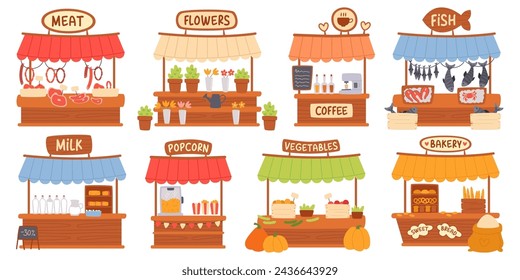 Local street market, booth counter stall, shop under tent isolated set on white background. Meat, flower, coffee, fish, milk, popcorn, vegetables, bakery commercial urban stand vector illustration