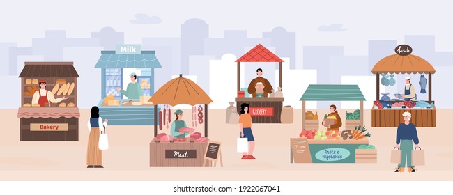 Local street market with farmers and buyers cartoon characters. Street food market booths with sellers offering local farm production, cartoon vector illustration.