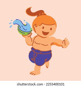 local Thai boy splashing water with silver bowl in Songkran festical