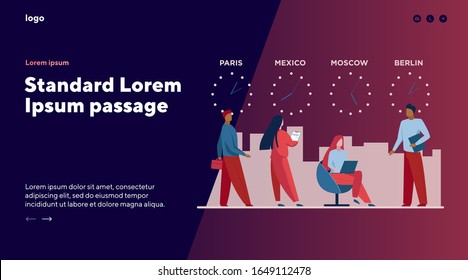 Local time zones. People near clocks with time of different cities flat vector illustration. Worldwide business, international company branch concept for banner, website design or landing web page