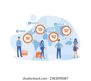 Local time zones. People near clocks with time of different cities. flat vector illustration