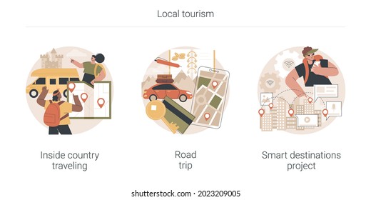 Local tourism abstract concept vector illustration set. Inside country traveling, road trip, smart destinations project, gps navigation, city tags, digital travel, family camping abstract metaphor.