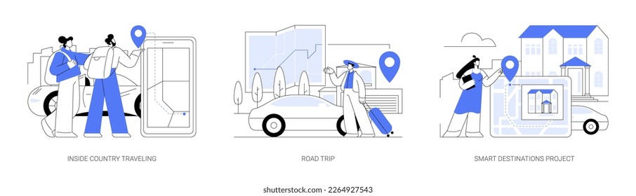 Local tourism abstract concept vector illustration set. Inside country traveling, road trip, smart destinations project, gps navigation, city tags, digital travel, family camping abstract metaphor.