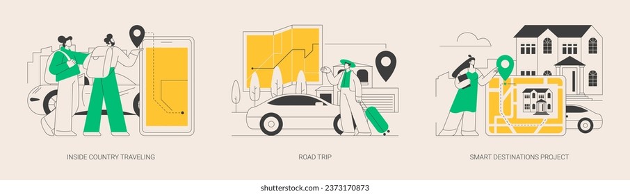 Conjunto de ilustraciones vectoriales del concepto abstracto del turismo local. Viaje en el interior del país, viaje por carretera, proyecto de destinos inteligentes, navegación gps, etiquetas de ciudad, viaje digital, metáfora abstracta de camping familiar.