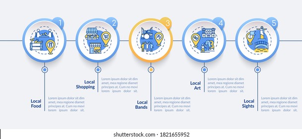 Local tourism components vector infographic template. Local art, sightseeing. Presentation design elements. Data visualization with 5 steps. Process timeline chart. Workflow layout with linear icons