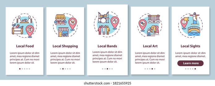 Local tourism elements onboarding mobile app page screen with concepts. Local sightseeing and shopping. Walkthrough 5 steps graphic instructions. UI vector template with RGB color illustrations