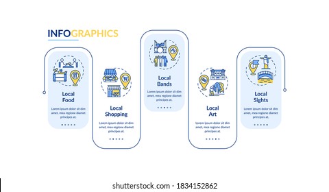 Local tourism elements vector infographic template. Sightseeing and shopping. Presentation design elements. Data visualization with 5 steps. Process timeline chart. Workflow layout with linear icons