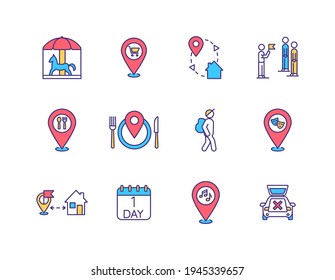 Local tourism RGB color icons set. Amusement park. One day trip. Staycation. Spending money on locally-sourced goods. Local tour guide. Restaurant, cafe. Backpacking. Isolated vector illustrations