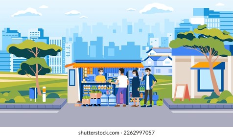 Local traditional grocery stall store Queue of people shop daily needs in suburb man merchant welcomes the custommer city background