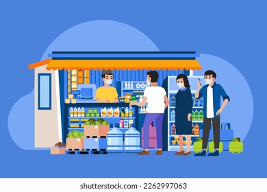 Local traditional grocery stall store Queue of people shop daily needs man merchant welcomes the custommer