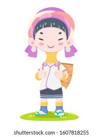 A local tribe of Northern Thailand, Cute style happy Karen long neck woman vector illustration 