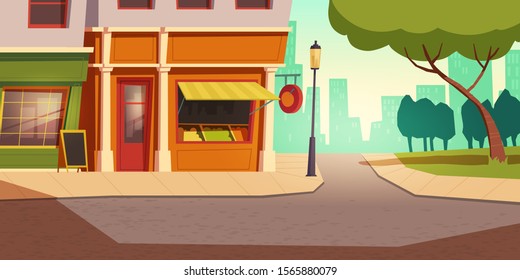 Local vegetable and fruit small shop building in urban landscape, cartoon vector background. Grocery store, farmer kiosk with open window showcase, shelves with products, road, sidewalk and green tree