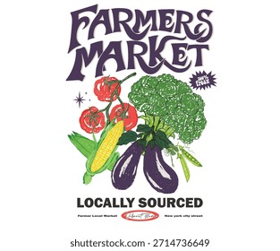 Obras de arte del mercado local de verduras para impresión de camisetas, póster, pegatina y otros usos. Comida vegana fresca. Diseño de conjunto de vegetales. Berenjena, brócoli, maíz, tomate, guisantes.