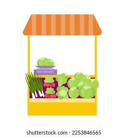 Local vegetable market stall with cabbage, radish, onion. Flat cartoon vector illustration
