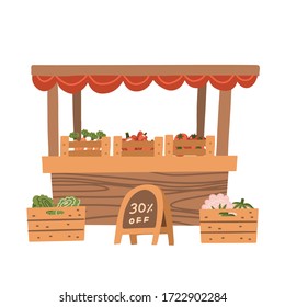 Puesto de verduras locales. Los productos orgánicos frescos se venden en estanterías de madera. Granjero del mercado local vendiendo verduras en su puesto con toldo. Promover el concepto de alimentación saludable. Ilustración vectorial plana.