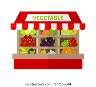 Local vegetable stall. Fresh organic food products shop on shelves. Shop building facade with signboard. Flat vector illustration