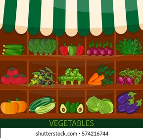 Local vegetable stall. Fresh organic food products shop on shelves. Local market farmer selling vegetables produce on his stall with awning. realistic. promote healthy eating concept. Food market shop